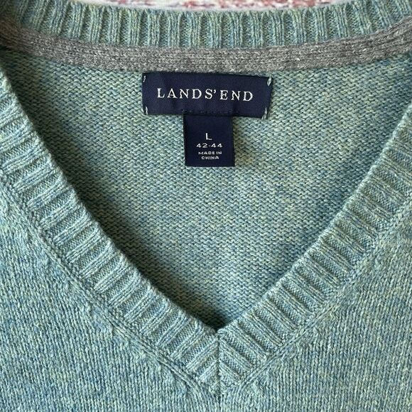Lands End Men's L Merino Wool Green V Neck Sweater Elbow Patches Cottagecore - Picture 3 of 8